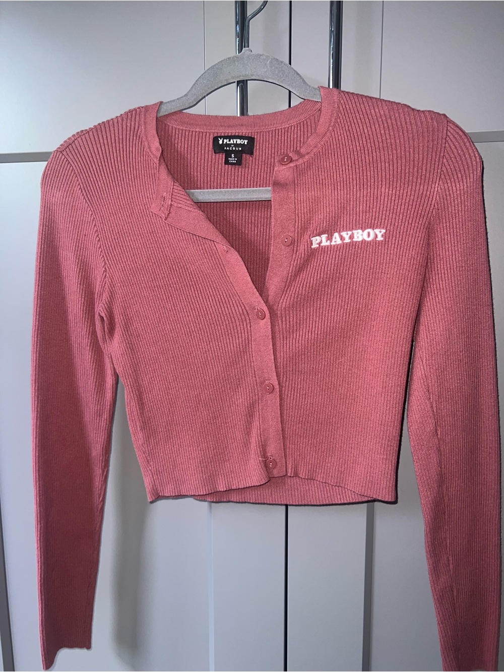 PLAYBOY Pink Ribbed Crop Button-Up Top